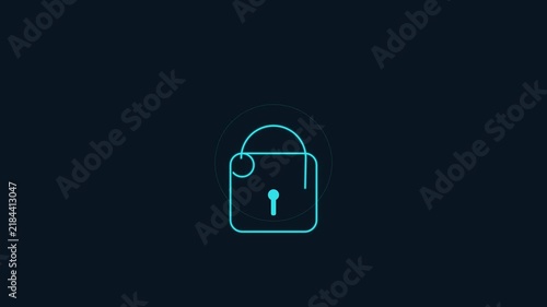 Glowing blue padlock icon on dark background representing cybersecurity and digital data protection concept