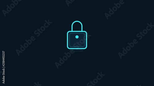 Minimalist Digital Security Padlock Icon Featuring Glowing Cyan Neon Outline Design for Cybersecurity and Privacy Protection Concepts