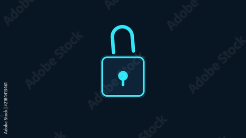 Neon glowing padlock icon symbolizing cyber security, data privacy, and digital protection on dark background