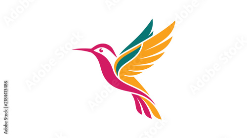 Vibrant hummingbird logo featuring stylized wings and flowing lines rendered in modern flat vector art style