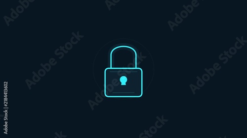 Glowing neon blue padlock security icon isolated on dark background for digital data protection