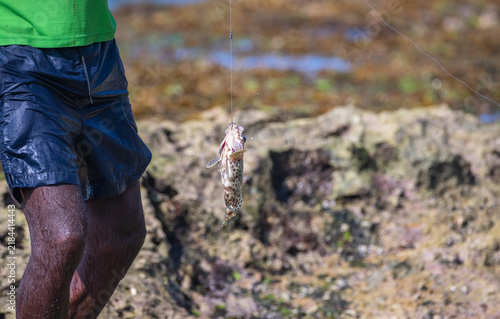Foto A fisherman catches a spotted grouper catch from the ocean waves, fishing on a r