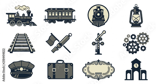Industrial Vintage Train and Railway Themed Icons Set in Monochromatic Black Gray and Gold Design