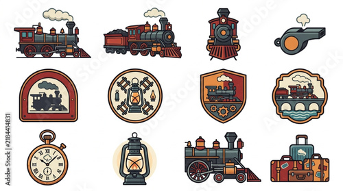 Industrial Vintage Train Themed Icons Set with Colorful Steam Locomotives Tools and Accessories in Retro Style