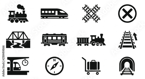 Minimalist Black and White Icons Set Featuring Various Train Railway and Travel Symbols for Web Design or Presentations
