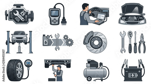 Minimalist Black and White Showcasing Essential Auto Repair Tools and Scenes for Car Maintenance