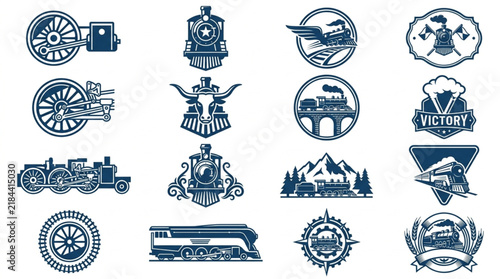 Minimalist Blue Monochromatic Vintage Train Transportation and Victory Icon Set Retro Style Illustrations
