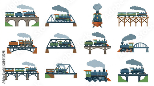 Minimalist Colorful Cartoon Trains Crossing Various Bridge Designs with Smoke Effects Flat Set with high quality professional line art symbols for modern creative design and digital branding projects