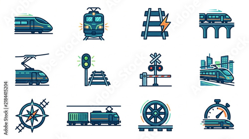 Minimalist Colorful Flat Icons Set of Modern Train Railway and Transport Elements with Compass and Gear