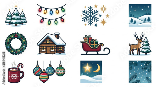 Minimalist Christmas Themed Icons Set with Snowy Scenes Festive Decorations and Holiday Symbols in Bright Colors