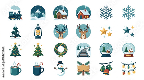 Minimalist Colorful Holiday Icons Set Featuring Festive Elements Like Snowflakes Christmas Trees Deer Snowman Train Cabin Snowy Scenes Wreath Snow Globe Hot Drinks Lantern and String Lights
