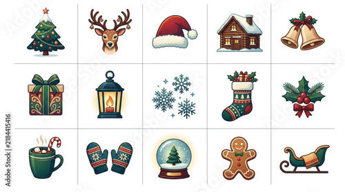 Minimalist Colorful Holiday Icons Set Festive Christmas Illustrations with Gift Snowflake Deer House and More