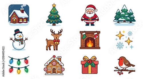 Minimalist Colorful Holiday Icons Set Festive Christmas Illustrations Featuring Snowman Santa Reindeer Gift Tree House and Bird