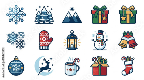 Minimalist Colorful Holiday Icons Set Festive Snowflakes Gifts Snowman Lantern Mittens and Christmas Decorations in Flat Style