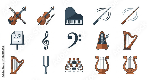 Minimalist Colorful Icons Set of Musical Instruments and Sheet Music for Design Projects with high quality professional line art symbols for modern creative design and digital branding projects