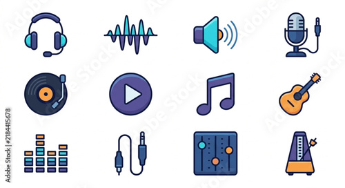 Minimalist Colorful Icons Set Featuring Audio Equipment Music Instruments and Sound Elements in Flat Design Style
