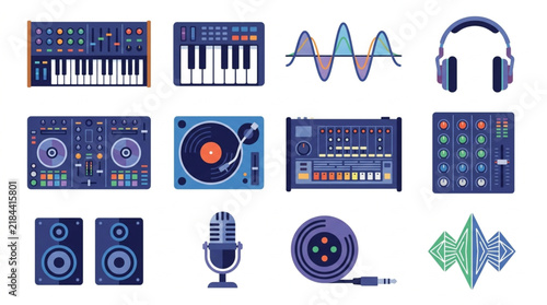 Minimalist Colorful of Music Production Equipment and Audio Tools Set with high quality professional line art symbols for modern creative design and digital branding projects