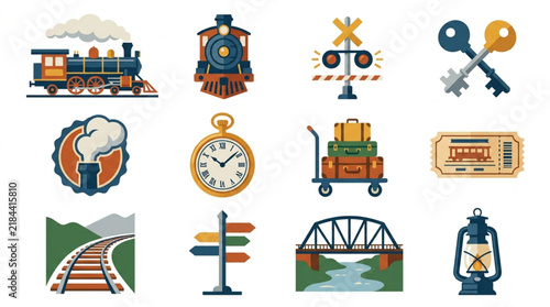 Minimalist Colorful Illustrated Icons Set of Vintage Train Travel and Railway Accessories with high quality professional line art symbols for modern creative design and digital branding projects