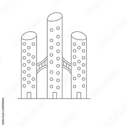 Outline of three connected buildings with windows
