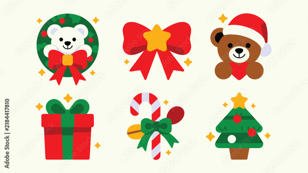 Fototapeta premium Set of cute christmas icons featuring a bear in a wreath, red bow, teddy bear in santa hat, gift box, candy cane, and a decorated christmas tree