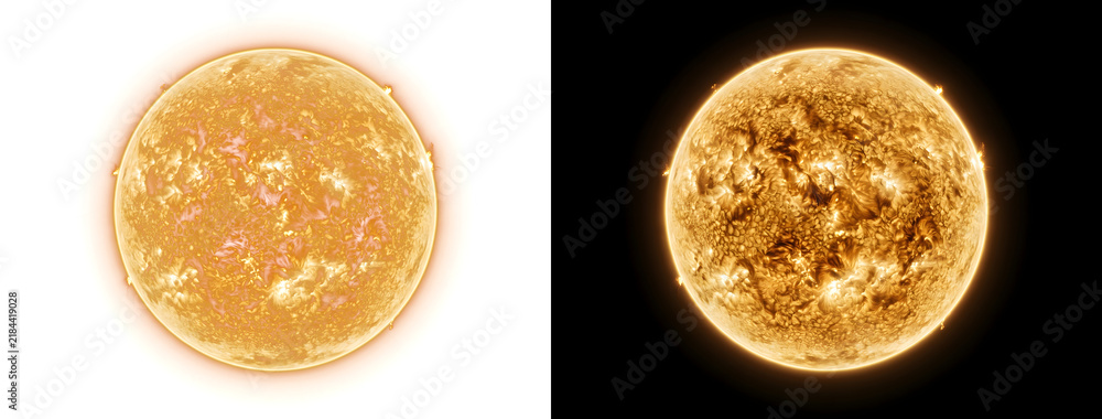Fototapeta premium Burning sun sphere with detailed granular surface and radiating corona texture perfect for astronomy designs including PNG, Transparent and Black Background Versions