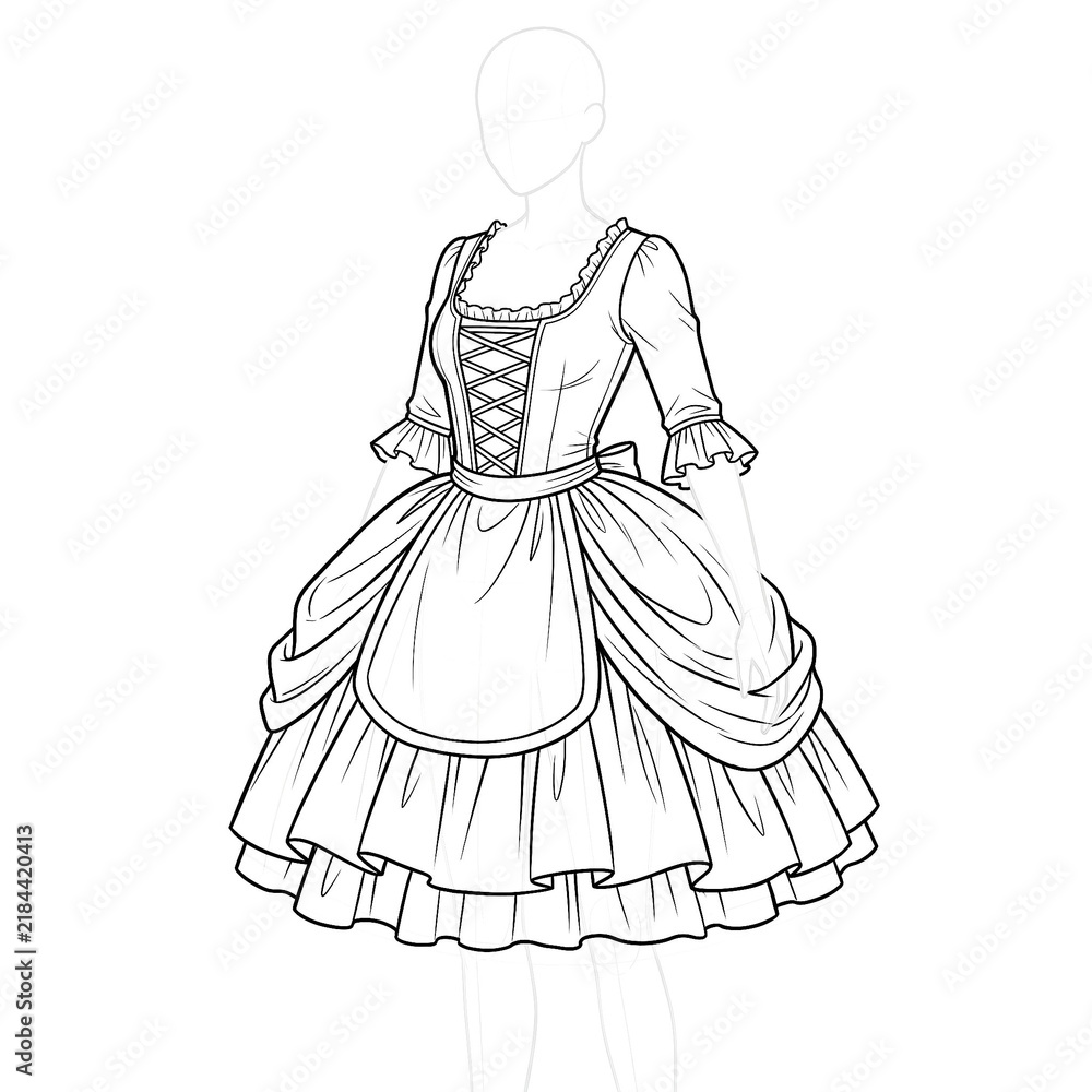 Fototapeta premium Hand drawn sketch of classic rococo shepherdess dress. 3/4 view.