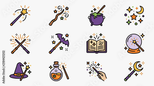 Collection of twelve magic icons including wands, spell book, cauldron, crystal ball, wizard hat, and potions. Flat line art with purple and orange colors for fantasy and mystical themes.