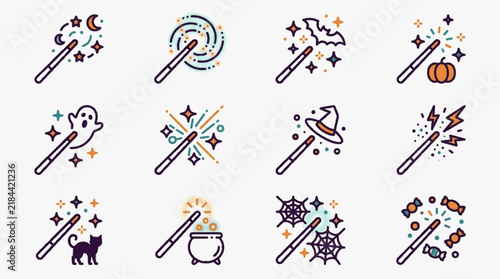 Vector collection of twelve Halloween magic wand icons featuring pumpkins, ghosts, bats, witch hats, black cats, cauldrons, candy, cobwebs, and lightning bolts in line art style.