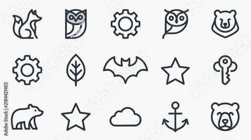 Minimalist black line icon set including animals such as fox, owl, bear, and bat, plus symbols like gears, leaf, star, cloud, anchor, and key, isolated on white background.