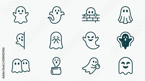 Set of twelve minimalist ghost line icons featuring various facial expressions and poses, including peeking, laughing, and spooky characters for Halloween themed graphic design.
