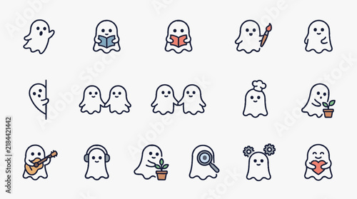 Collection of fifteen cute minimalist ghost icons performing daily activities such as reading books, painting, gardening, playing guitar, and listening to music, flat vector illustration.