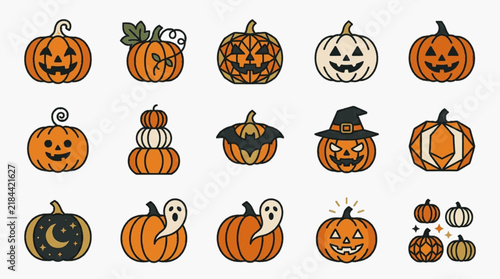 Collection of fifteen Halloween pumpkin icons featuring jack-o-lantern faces, geometric patterns, bat wings, witch hats, ghosts, and celestial moon designs in flat vector style on white background.