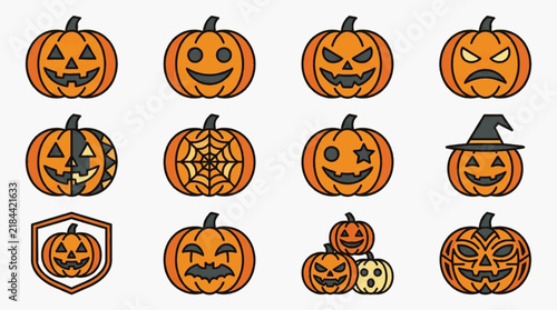 Set of twelve Halloween jack-o'-lantern icons featuring various carved facial expressions, patterns like spiderwebs and bats, and accessories including a witch hat, on a plain background.