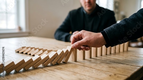 Disaster risk reduction concept with hand intervening to prevent falling wooden domino blocks