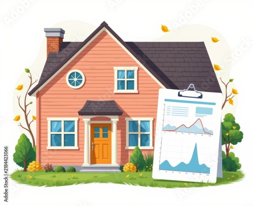 Illustration of a cozy house with a clipboard showing charts in a fall setting.