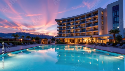 Modern hotel building with illuminated balconies reflected in a large swimming pool at sunset.