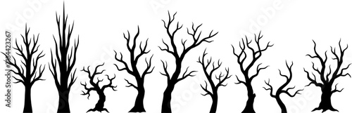 Dead trees silhouette set with bare branches and spooky forest elements