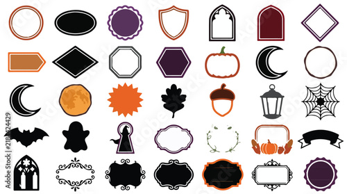 Halloween decorative frame set, 35 spooky vector label elements, autumn gothic border collection, orange and purple holiday tag icons isolated PNG with Transparent Background Halloween  Editable