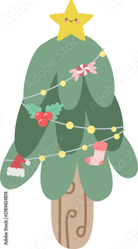 Cute Christmas Tree Cartoon with Star Topper, Lights, Ornaments and Festive Decorations