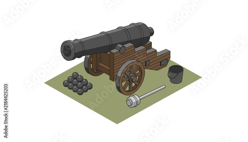 Old wooden cannon on green ground with stack of cannonballs bucket and rammer tool on white background.