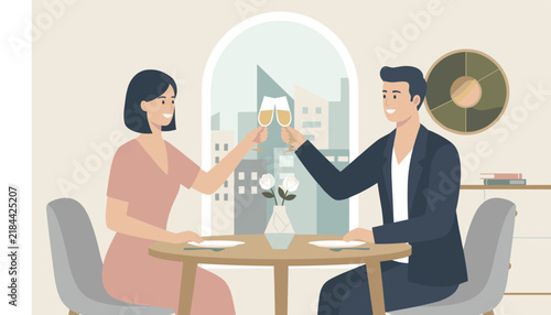 Young couple enjoying romantic dinner date with champagne toasts at table with city skyscraper views in background.