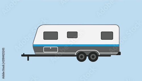 Modern recreational vehicle caravan trailer illustration for camping travel adventures on a clean light blue background.