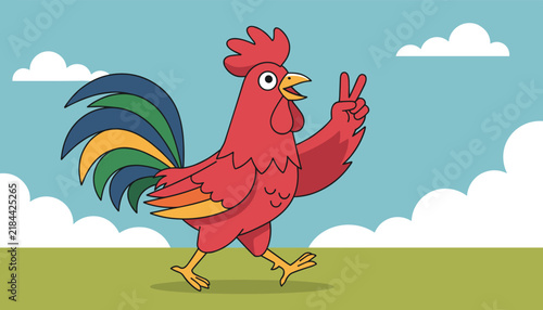 Colorful cartoon rooster walking on green grass under a clear blue sky with white clouds while making a peace sign with its wing.