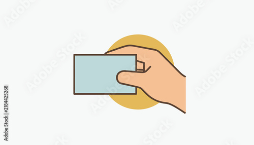 Hand holding a blank rectangular card against a golden sun or circular background in a simple iconographic style.