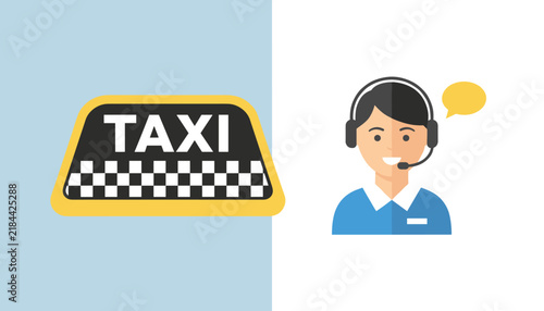 Illustration featuring a yellow taxi sign and a friendly customer service agent with a headset for booking rides.