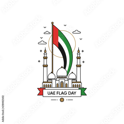 UAE Flag With Grand Mosque And Clouds Flag Day Badge