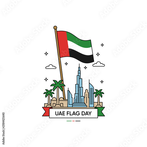 UAE Flag With Dubai Skyline And Palm Trees Flag Day