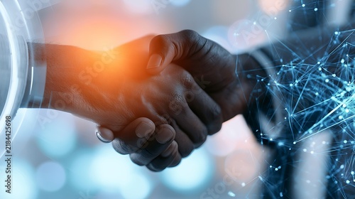 Deal. business man shaking hands with effect global network link connection and graph chart of stock market graphic diagram, digital technology, internet communication, teamwork, partnership concept