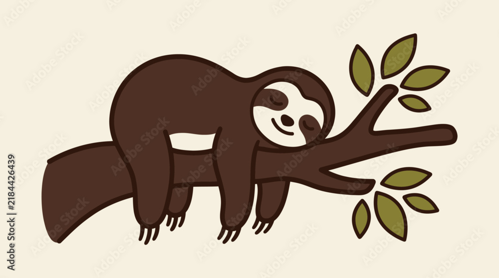 Obraz premium Minimalist vector illustration of a cute cartoon sloth sleeping peacefully on a tree branch