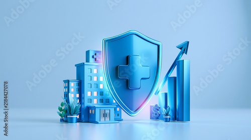 A 3D illustration of a hospital building, medical shield with a cross, and a growth chart symbolizing healthcare progress and financial investment.